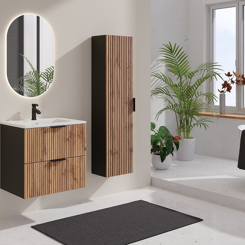 Szafka łazienkowa wisząca ryflowana z umywalką wpuszczaną w blat i słupkiem - Naturalny jasny i czarny - 60 cm - MADELA