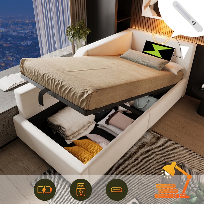 Łóżko z pojemnikiem 90 x 190 cm, sofa rozkładana z lampką do czytania i gniazdem USB-C - Aksamit - Beż (bez materaca)