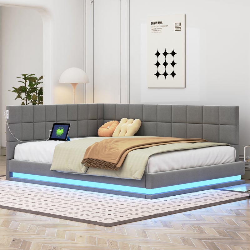 Łóżko tapicerowane 140 x 200 cm, sofa rozkładana z miękkim zagłówkiem - LED, gniazdo USB - tkanina welurowa - szare (bez materaca)