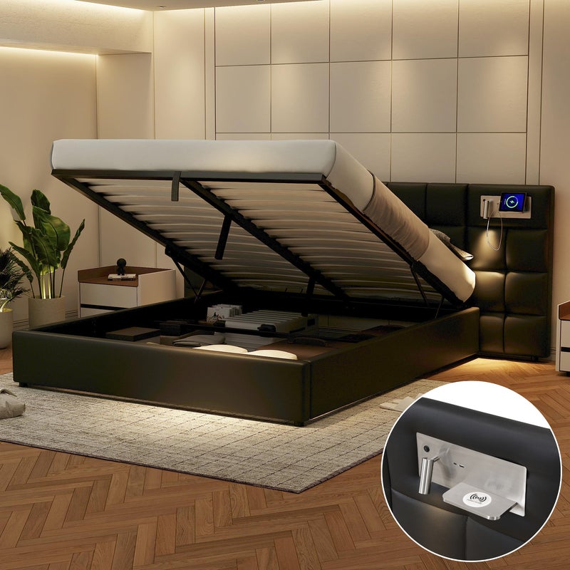Łóżko z pojemnikiem 180 x 200 cm z dużym zagłówkiem - port USB, ładowanie bezprzewodowe i lampa - tkanina lniana - czarne (bez materaca)