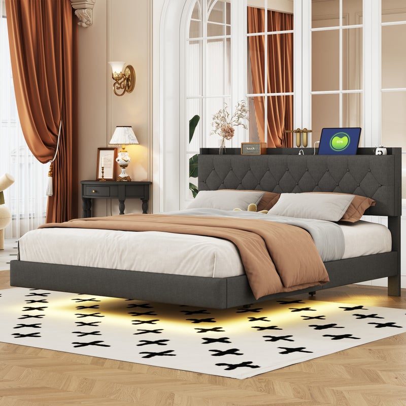 Łóżko tapicerowane 160 x 200 cm z zagłówkiem - port USB i diody LED - tkanina lniana - kolor szary (bez materaca)