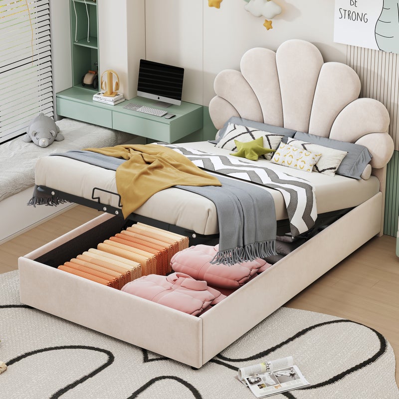 Łóżko z pojemnikiem 90 x 200 cm z regulowanym zagłówkiem w kwiaty - tkanina welurowa - beżowe (bez materaca)