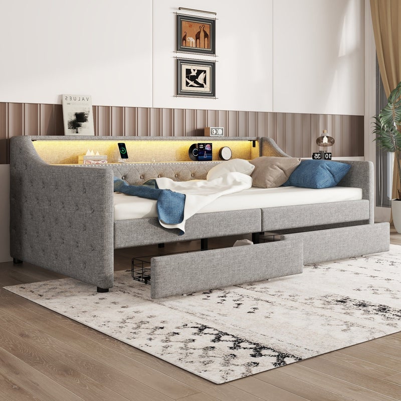 Łóżko tapicerowane 90 x 200 cm z zagłówkiem - LED - 2 szuflady, gniazdo ładowania USB - tkanina lniana - kolor szary (bez materaca)