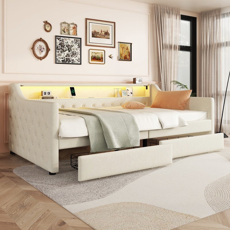 Łóżko tapicerowane 90 x 200 cm z zagłówkiem - LED - 2 szuflady, gniazdo ładowania USB - tkanina lniana - beżowe (bez materaca)