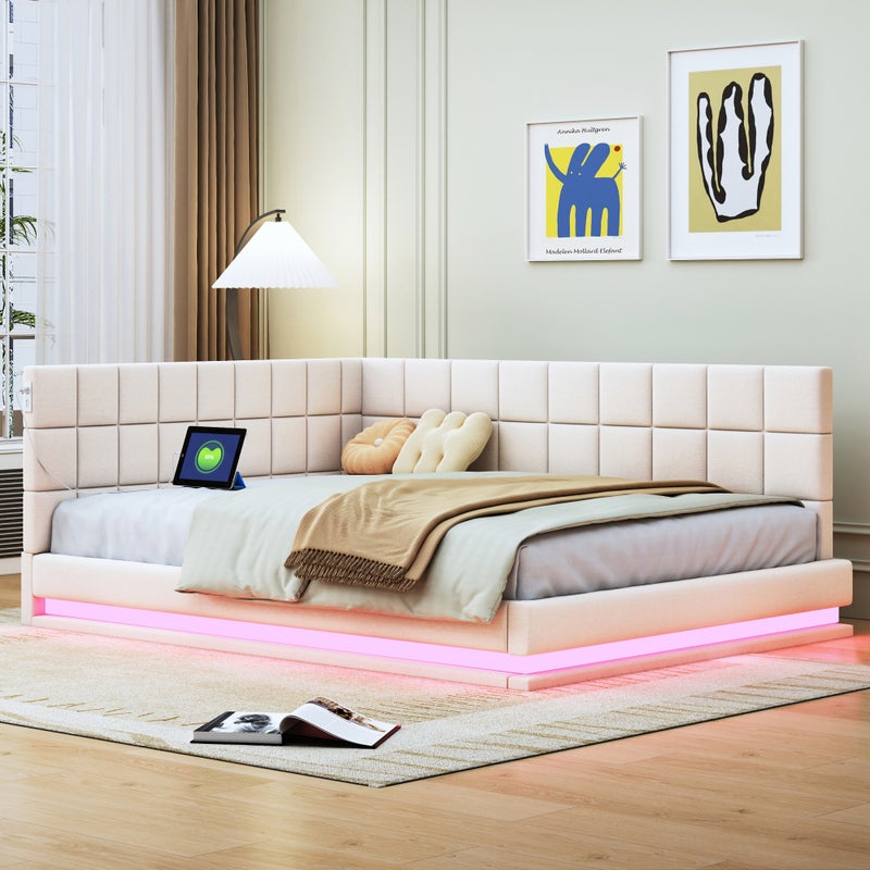 Łóżko tapicerowane 140 x 200 cm, sofa rozkładana z miękkim zagłówkiem - listwa świetlna LED, gniazdo USB - tkanina welurowa - beżowa (bez materaca)
