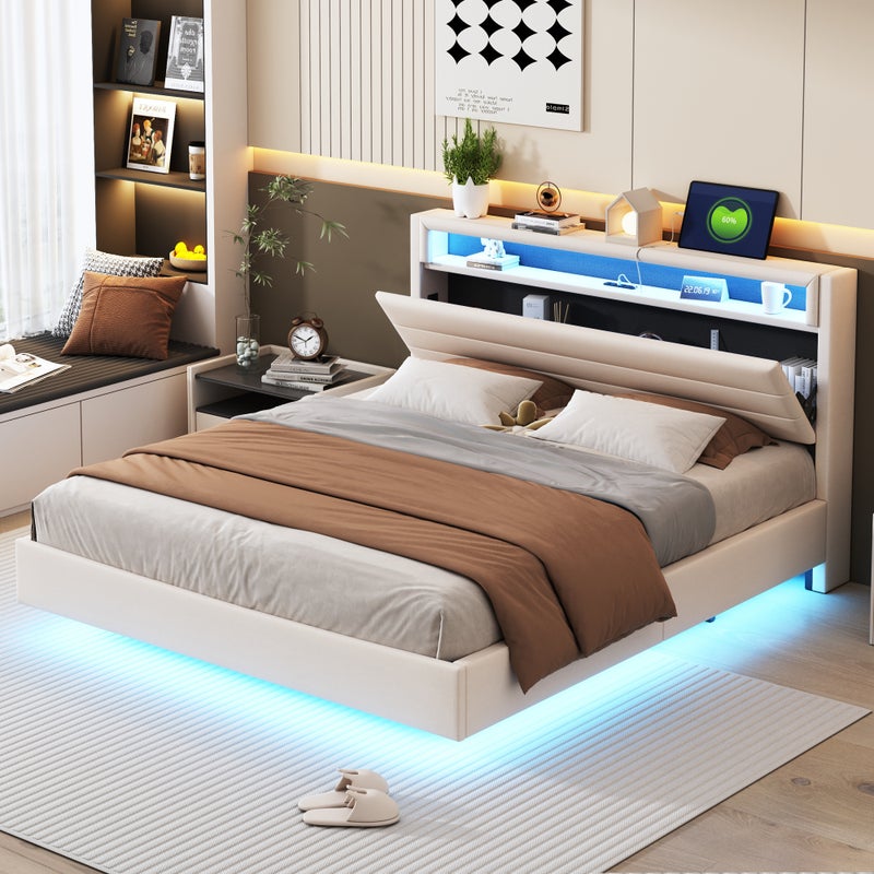 Łóżko tapicerowane 160 x 200 cm z portem USB i oświetleniem LED, odwracalny zagłówek, tkanina lniana, kolor beżowy (bez materaca)