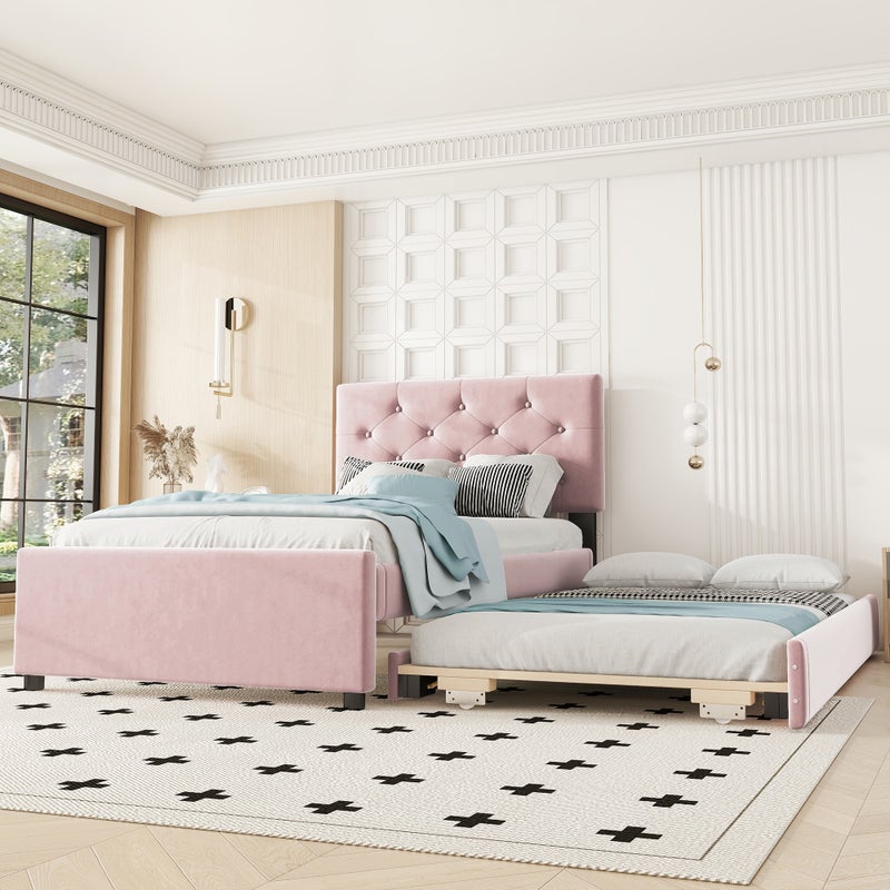 Łóżko wysuwane 90 x 200 cm + 90 x 190 cm z zagłówkiem - aksamitne - różowe (bez materaca)