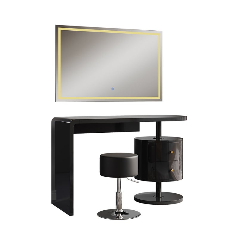 Vicco Stół do toalety Lara, Czarny wysoki połysk, 120 cm z lustrem LED i stołkiem