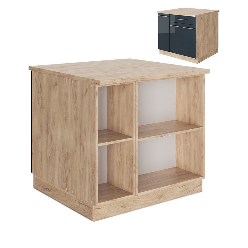 Vicco Wyspa kuchenna Fame-Line, Ciemnoniebieski wysoki połysk, 90 cm z szufladą, bez blatu roboczego