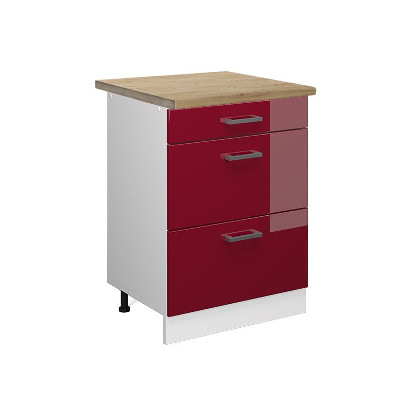 Vicco Szafka dolna do kuchni R-Line, Czerwony połysk, 60 cm z szufladami, BP Dąb
