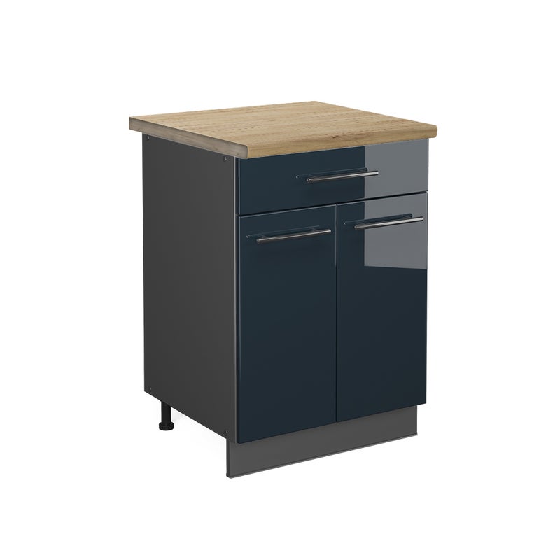 Vicco Szafka dolna do kuchni Fame-Line, Ciemnoniebieski wysoki połysk, 60 cm z szufladą, BP Dąb