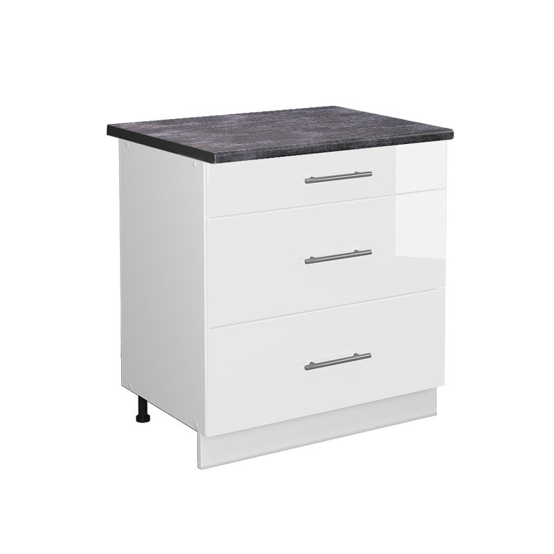 Vicco Szafka dolna do kuchni Fame-Line, Biały wysoki połysk, 80 cm z 3 szufladami, BP Antracyt