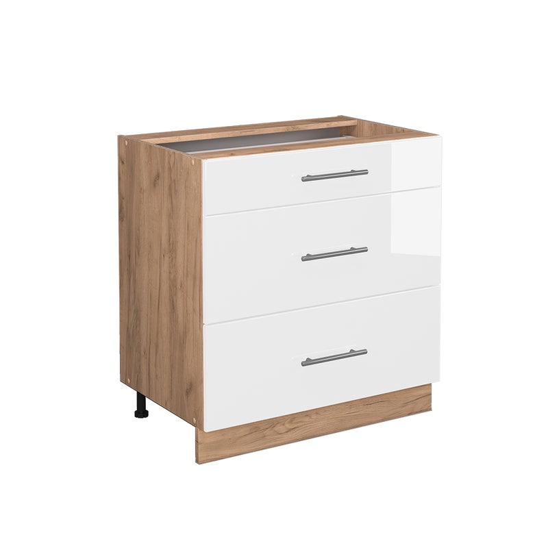 Vicco Szafka dolna do kuchni Fame-Line, Biały wysoki połysk, 80 cm z 3 szufladami, bez blatu roboczego