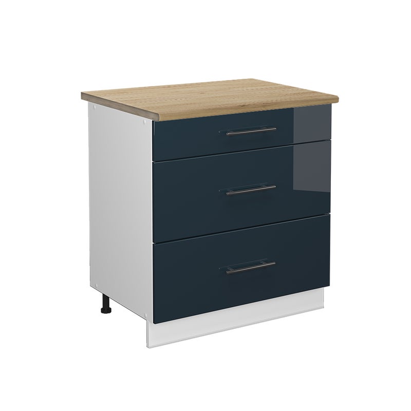 Vicco Szafka dolna do kuchni Fame-Line, Ciemnoniebieski wysoki połysk, 80 cm z 3 szufladami, BP Dąb