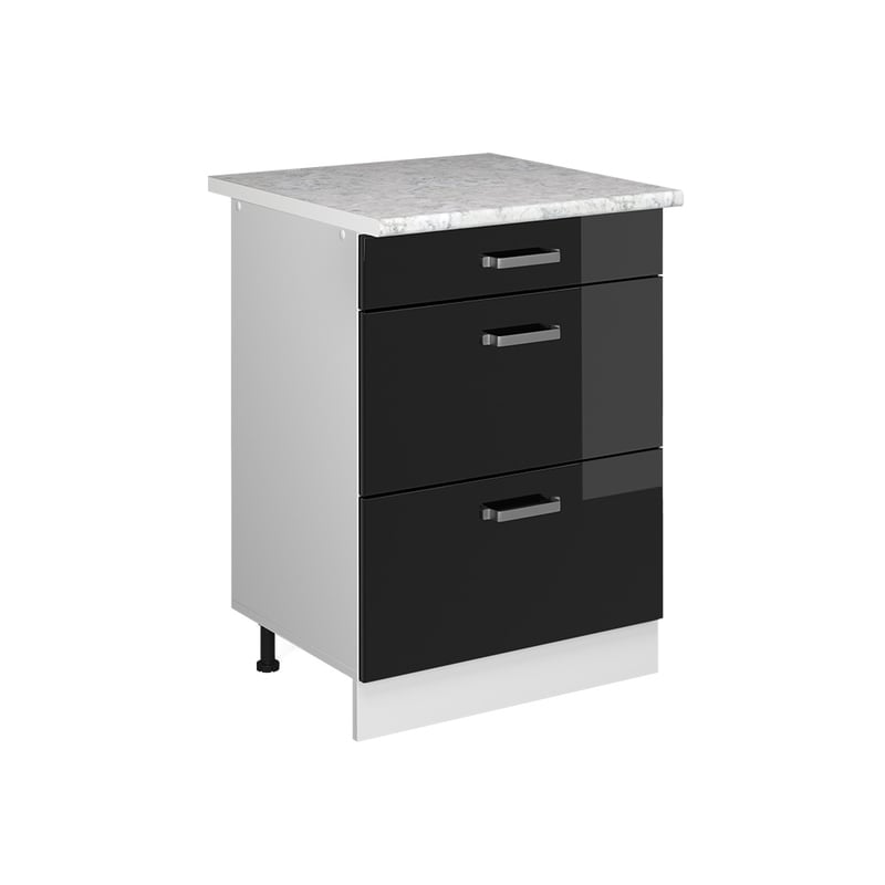 Vicco Szafka dolna do kuchni R-Line, Czarny wysoki połysk, 60 cm z szufladami BR Marmur