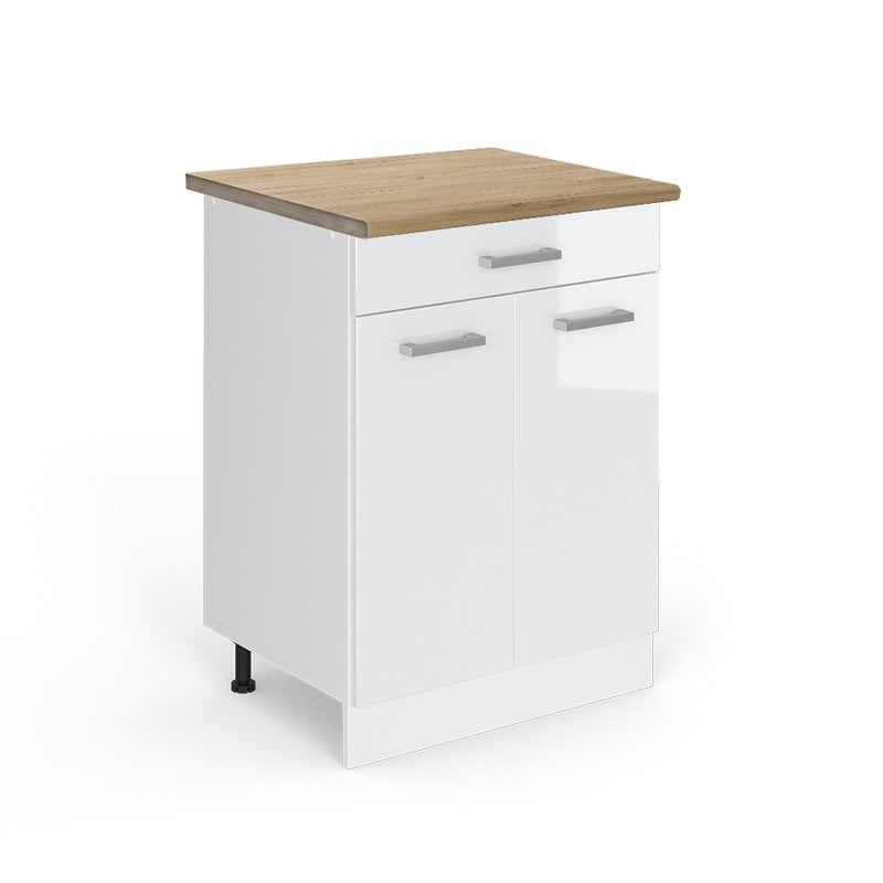 Vicco Szafka dolna do kuchni R-Line, Biały wysoki połysk, 60 cm z szufladą, BP Dąb