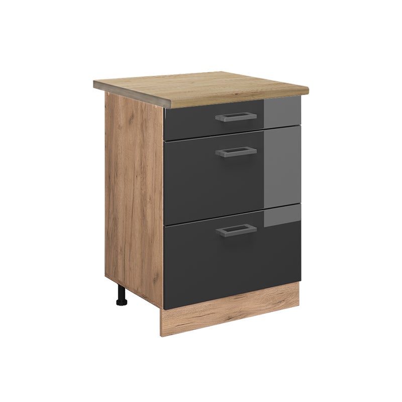 Vicco Szafka dolna do kuchni R-Line, Antracyt wysoki połysk, 60 cm z szufladami, BP Dąb