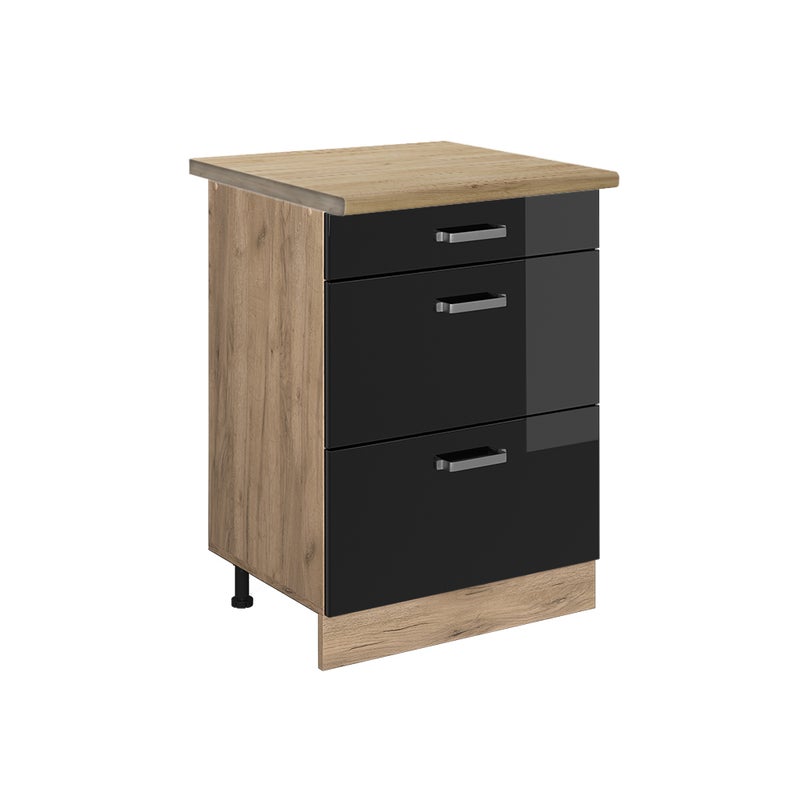 Vicco Szafka dolna do kuchni R-Line, Czarny wysoki połysk, 60 cm z szufladami, BP Dąb