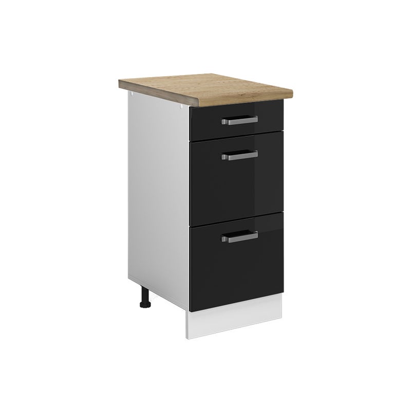 Vicco Szafka dolna do kuchni R-Line, Czarny wysoki połysk, 40 cm z szufladami, BP Dąb