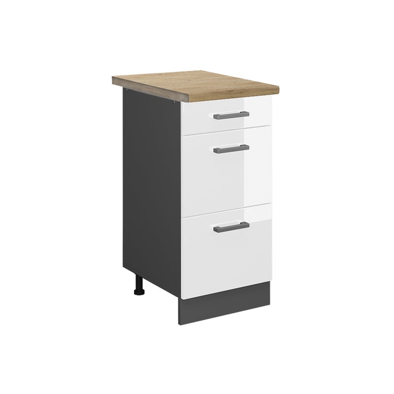 Vicco Szafka dolna do kuchni R-Line, Biały wysoki połysk, 40 cm z szufladami, BP Dąb