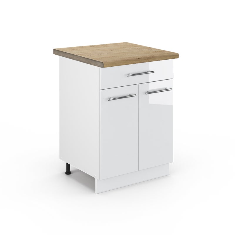 Vicco Szafka dolna do kuchni Fame-Line, Biały wysoki połysk, 60 cm z szufladą, BP Dąb