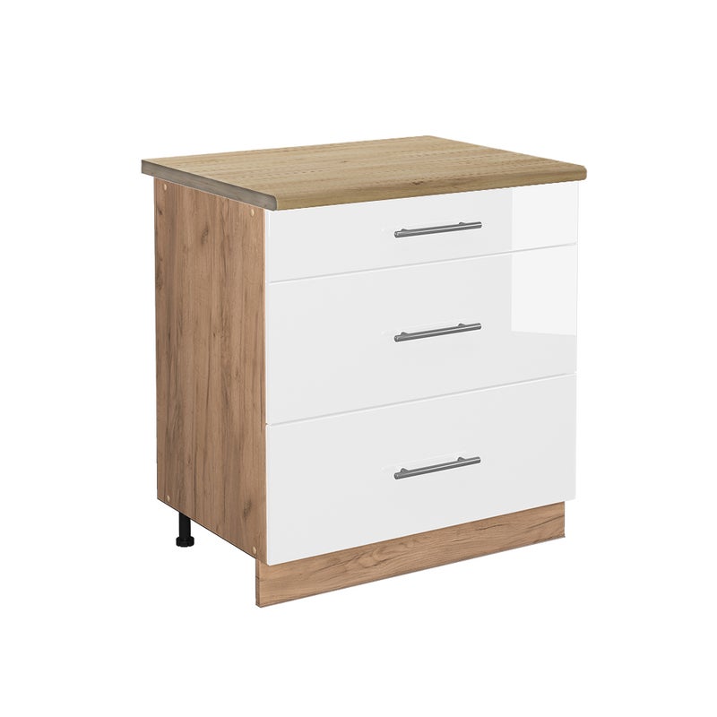 Vicco Szafka dolna do kuchni Fame-Line, Biały wysoki połysk, 80 cm z 3 szufladami, BP Dąb