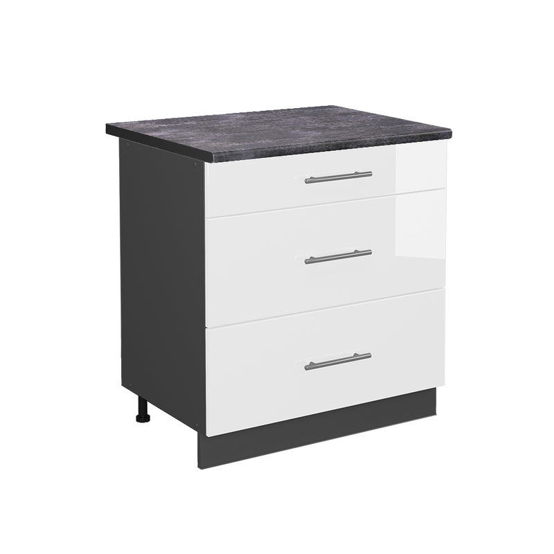 Vicco Szafka dolna do kuchni Fame-Line, Biały wysoki połysk, 80 cm z 3 szufladami, BP Antracyt
