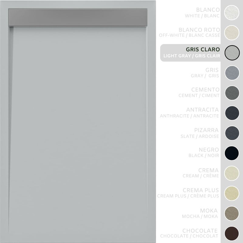 SOULHOME Brodzik prysznicowy– Żywica– Gel Coat– Gładka/Kamienna tekstura – Antypoślizgowy – jasnoszary- 100x90- Niski 3cm– Ruszt INOX