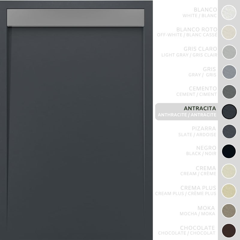 SOULHOME Brodzik prysznicowy– Żywica– Gel Coat– Gładka/Kamienna tekstura – Antypoślizgowy – antracytowy- 180x90- Niski 3cm– Ruszt INOX