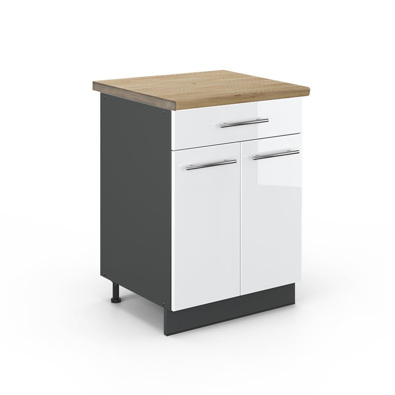 Vicco Szafka dolna do kuchni Fame-Line, Biały wysoki połysk, 60 cm z szufladą, BP Dąb