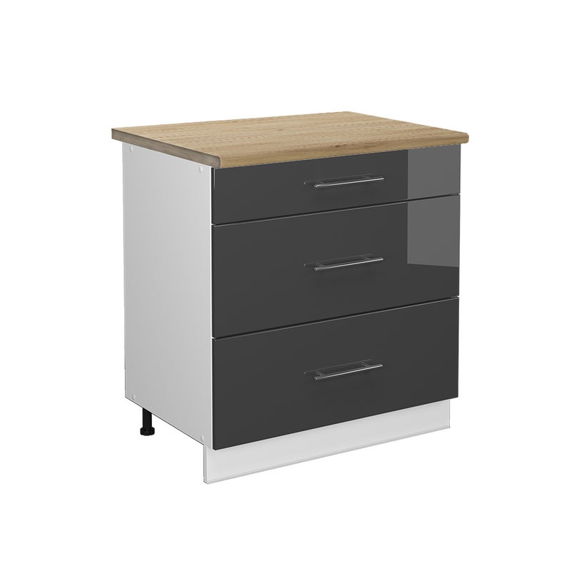 Vicco Szafka dolna do kuchni Fame-Line, Antracyt wysoki połysk, 80 cm z 3 szufladami, BP Dąb