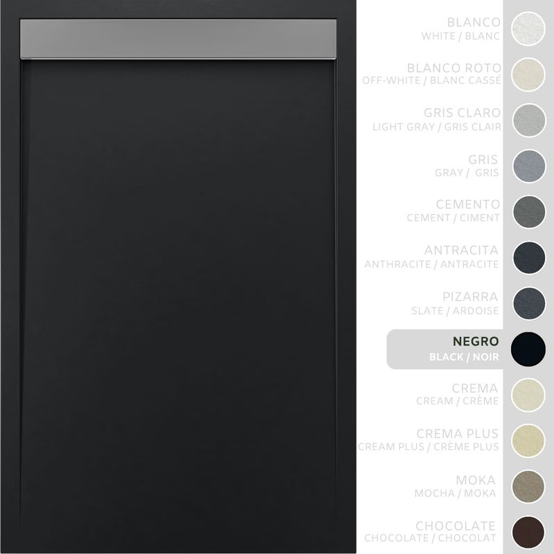 SOULHOME Brodzik prysznicowy– Żywica– Gel Coat– Gładka/Kamienna tekstura – Antypoślizgowy – czarny- 100x80- Niski 3cm– Ruszt INOX