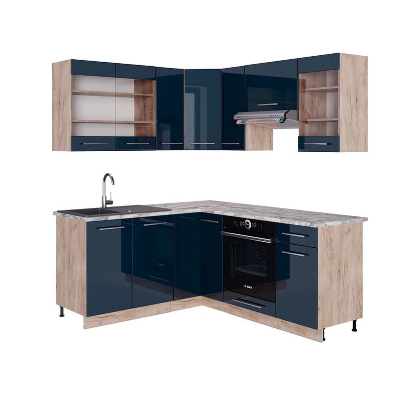 Vicco Kuchnia narożna Fame-Line, Ciemnoniebieski wysoki połysk/złoty dąb, 190 x 60 cm , BP Marmur