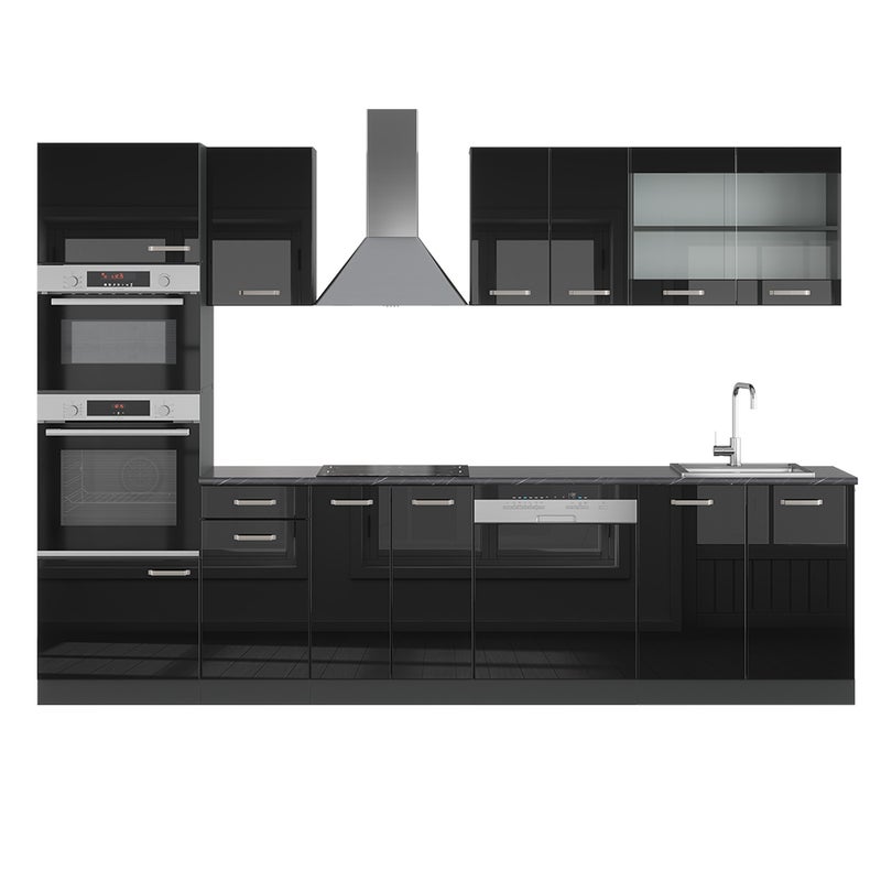 Vicco Aneks kuchenny R-Line, Czarny/antracyt o wysokim połysku, 300 cm z wysoką szafką, BP Antracyt