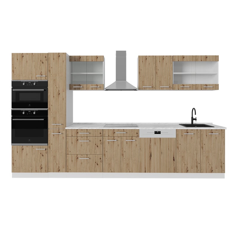 Vicco Zabudowa kuchenna R-Line, Dąb rzemieślniczy/biały, 350 cm z wysoką szafką, BR Marmur