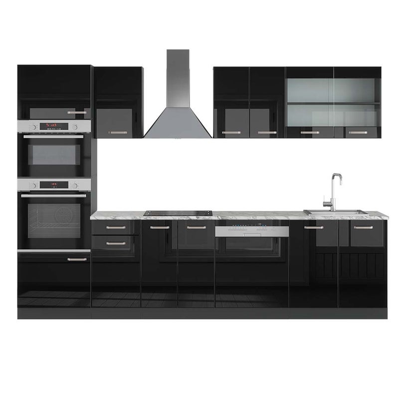 Vicco Aneks kuchenny R-Line, Czarny/antracyt o wysokim połysku, 300 cm z wysoką szafką, BP Marmur