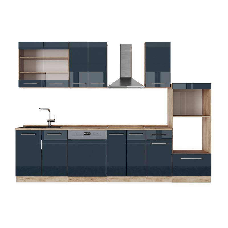 Vicco Szafki kuchenne Fame-Line, Ciemnoniebieski wysoki połysk/złoty dąb, 300 cm z wysoką szafką, bez blatu