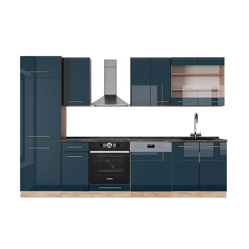 Vicco Aneks kuchenny Fame-Line, Ciemnoniebieski wysoki połysk/złoty dąb, 300 cm , BP Antracyt