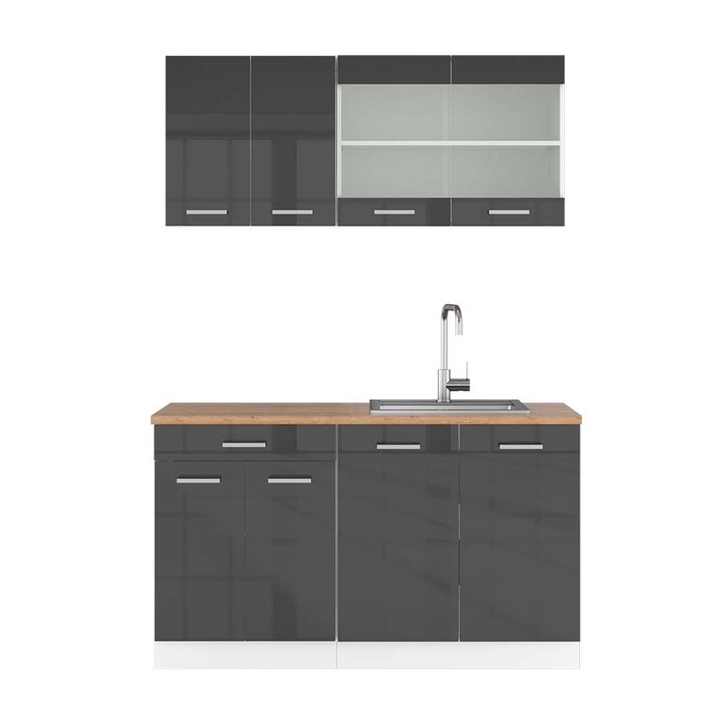 Vicco Pojedyncza kuchnia R-Line, Antracytowy wysoki połysk/biały, 140 cm , BP Dąb