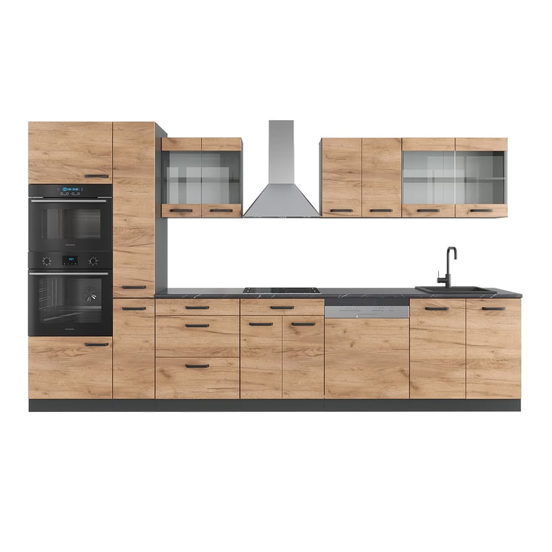 Vicco Zabudowa kuchenna R-Line, Złoty dąb power/antracyt, 350 cm z wysoką szafką, bez blatu