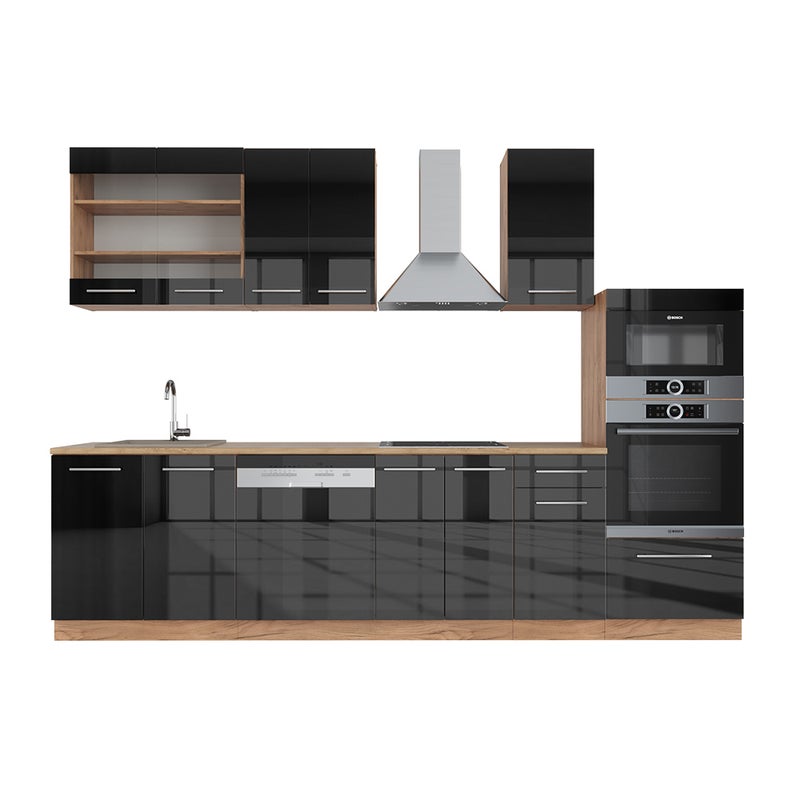 Vicco Aneks kuchenny Fame-Line, Antracytowy wysoki połysk/złoty dąb power, 300 cm z wysoką szafką, BP Dąb