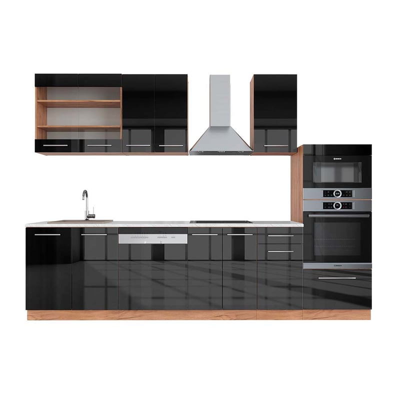 Vicco Aneks kuchenny Fame-Line, Antracytowy wysoki połysk/złoty dąb power, 300 cm z wysoką szafką, BP Marmur