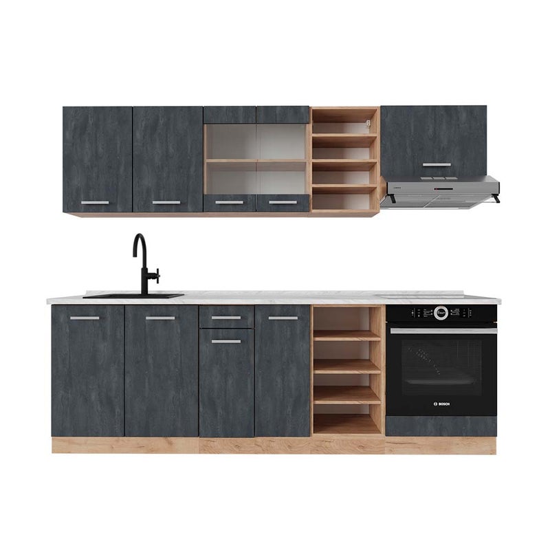 Vicco Zabudowa kuchenna R-Line, Czarny beton/złoty dąb, 240 cm BP Marmur