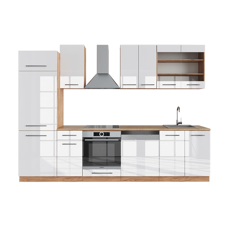 Vicco Aneks kuchenny Fame-Line, Biały wysoki połysk/złoty dąb power, 300 cm , BP Dąb