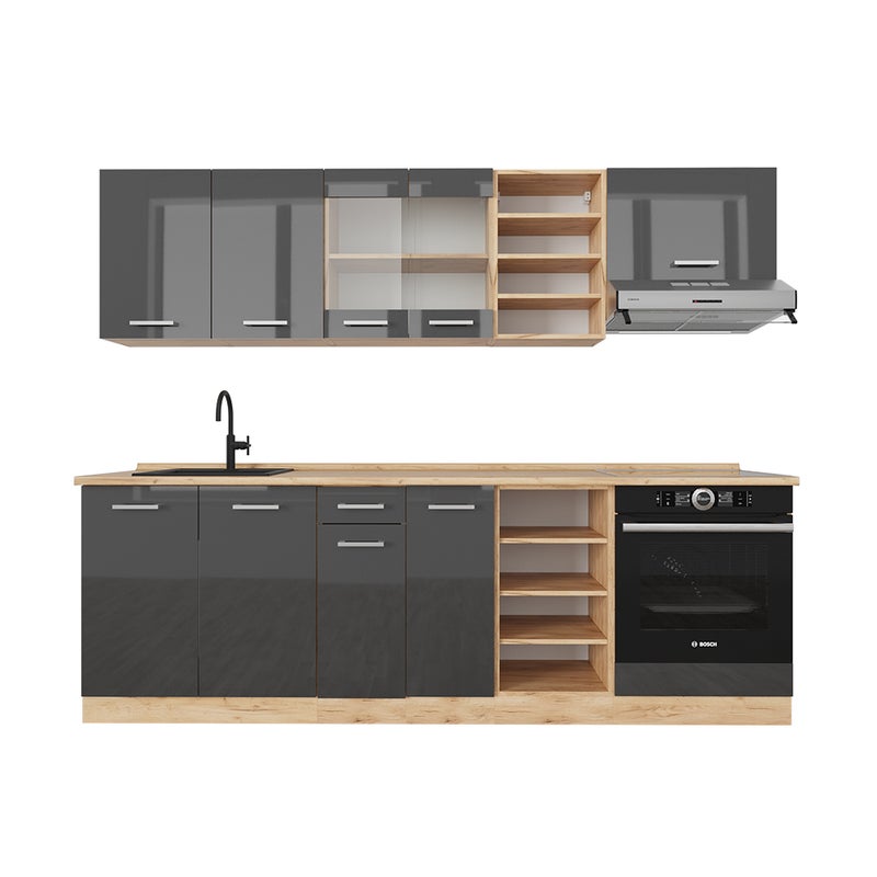 Vicco Zabudowa kuchenna R-Line, Antracytowy wysoki połysk/złoty dąb power, 240 cm bez blatu roboczego