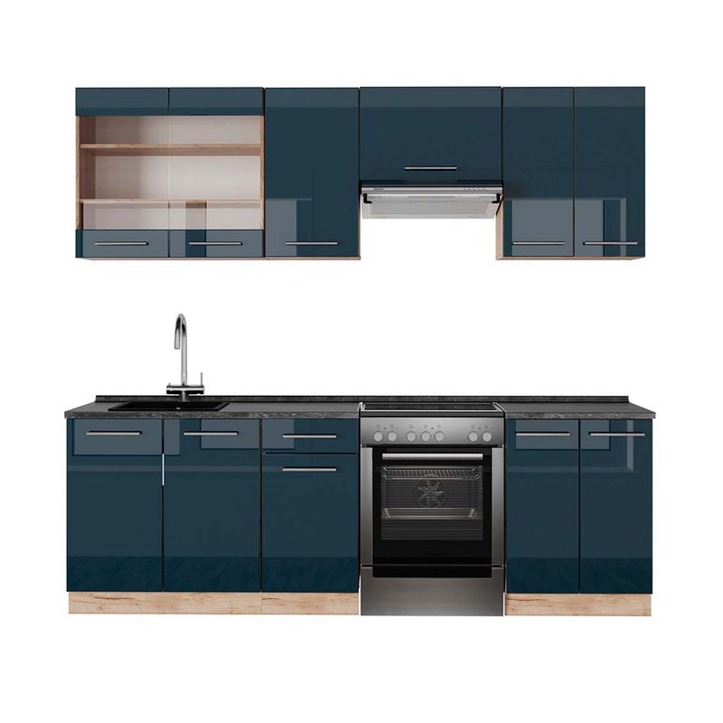 Vicco Aneks kuchenny Fame-Line, Ciemnoniebieski wysoki połysk/złoty dąb, 240 cm , BP Antracyt