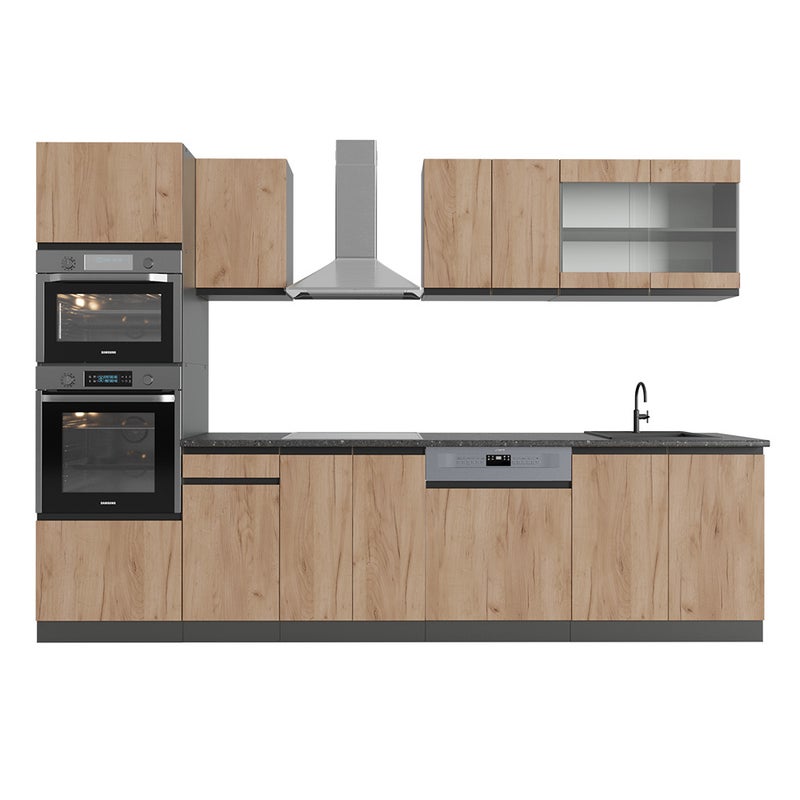 Vicco Aneks kuchenny R-Line, Złoty dąb power/antracyt, 300 cm J-Shape z wysoką szafką, BP Antracyt