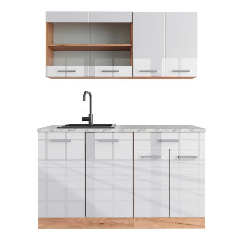 Vicco Pojedyncza kuchnia R-Line, Biały wysoki połysk/złoty dąb power, 140 cm , BP Marmur