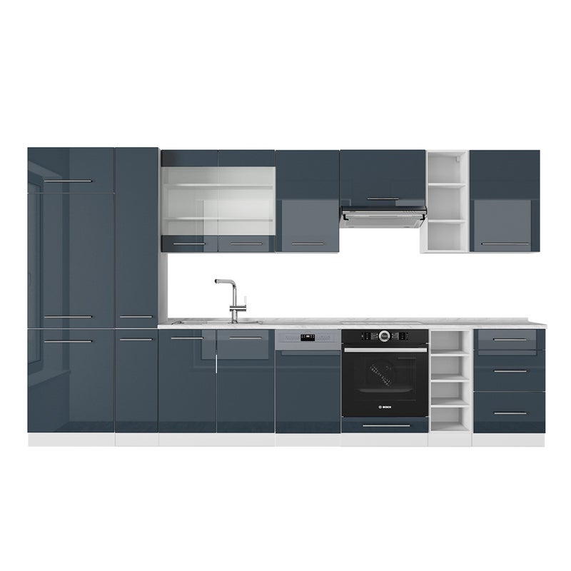 Vicco Aneks kuchenny Fame-Line, Ciemnoniebieski wysoki połysk/biały, 355 cm , BP Marmur