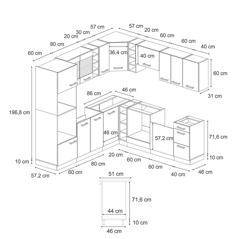 Vicco Kuchnia narożna R-Line, Niebiesko-szary/biały, 247 x 46 cm bez blatu roboczego